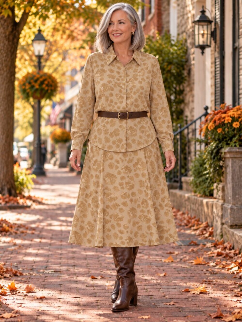 Liz Claiborne Lizsport Gold Tan Leaf Print Blouse M & Skirt 14 Set